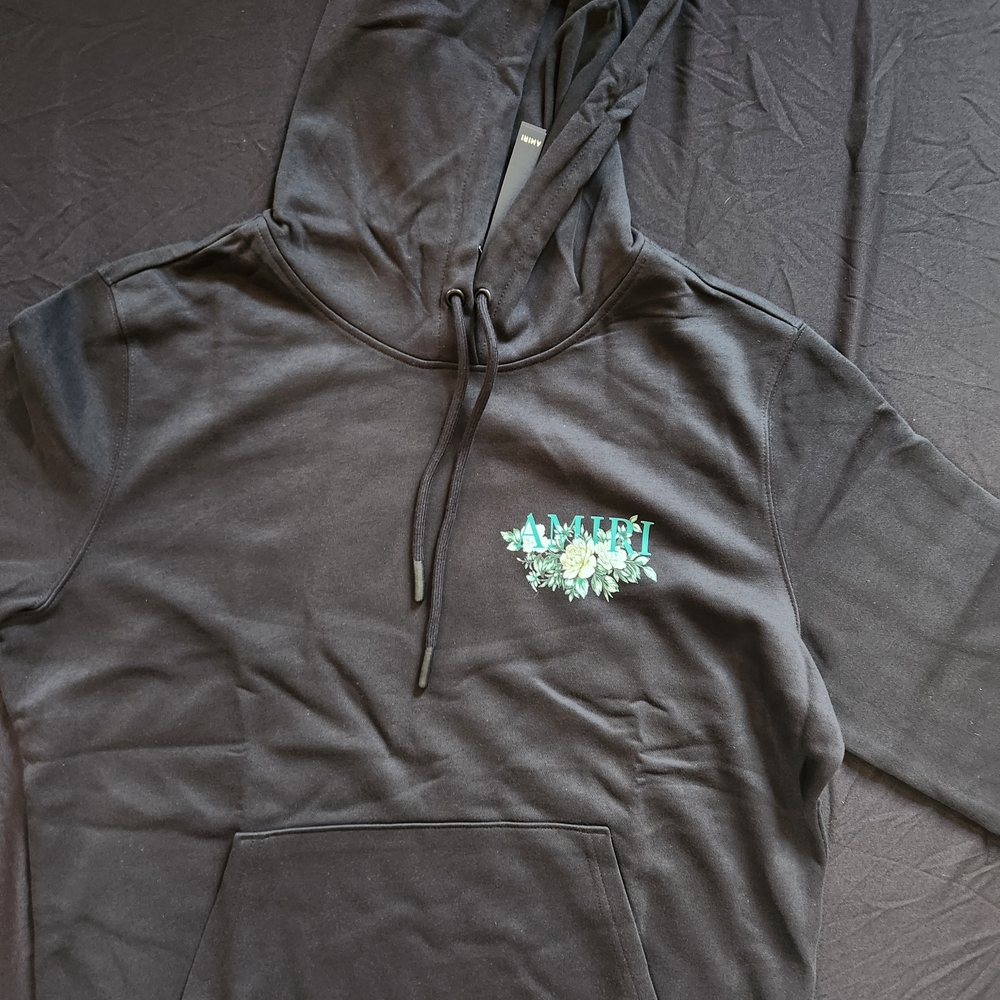 AMIRI Black Hoodie with Teal Floral Logo
